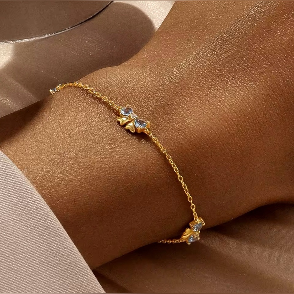 925 Sterling Silver Blue Bow Bracelet Gold Plated Size Adjustable